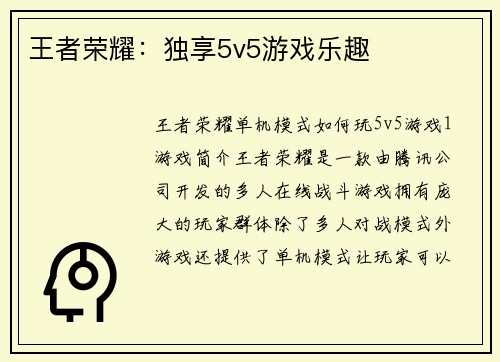 王者荣耀：独享5v5游戏乐趣